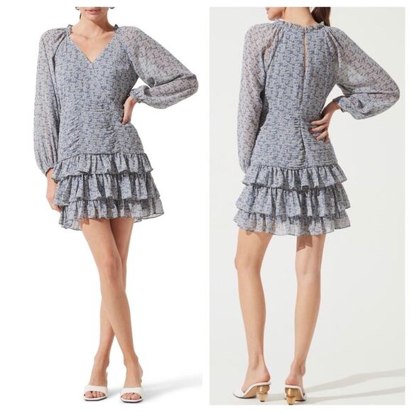 ASTR the Label Tiered Ruffle Dress in Blue Multi Floral, XS - Picture 1 of 9